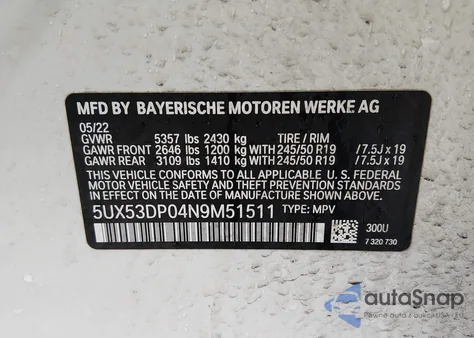 2022 BMW X3 xDrive30I from USA, damaged, VIN 5UX53DP04N9M51511